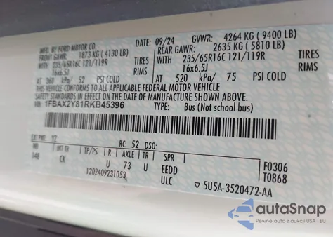 2024 Ford Transit-350 Passenger Van Xl z USA, uszkodzony, nr VIN 1FBAX2Y81RKB45396